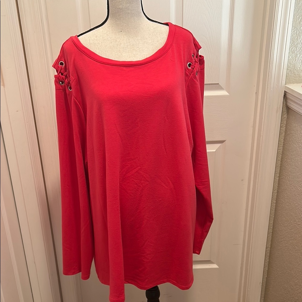 Red Long Sleeve Relaxed Blouse with Bateau Neckline and Embellished Shoulders 3X